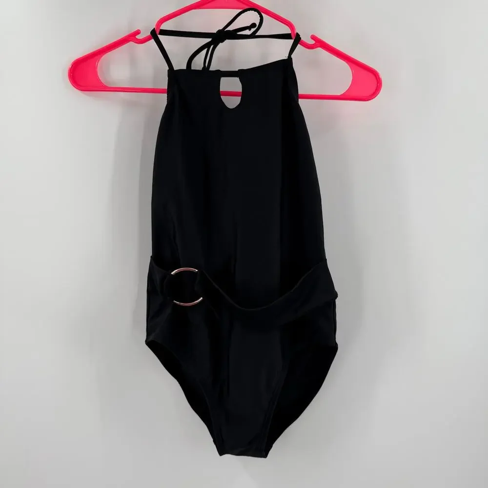 RAISINS GIRLS Swimsuit Size 12 One Piece Black NWT Halter Classic Swim Pool